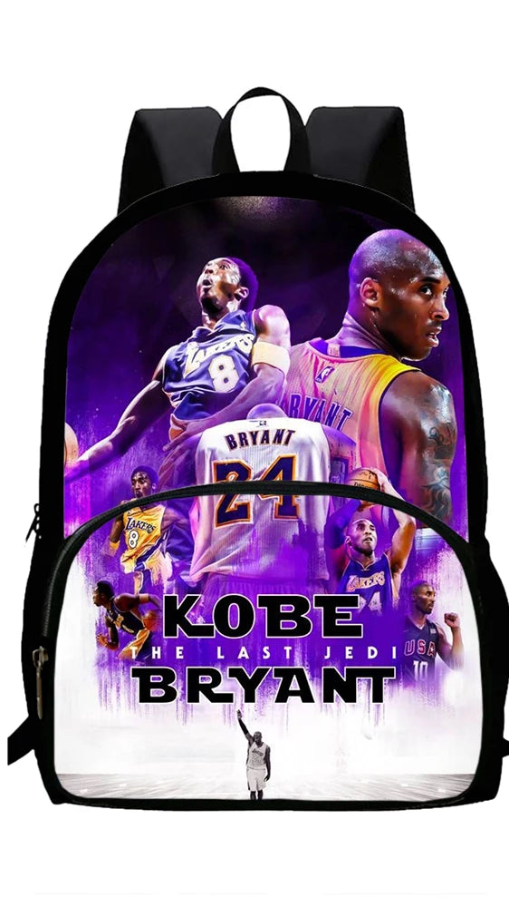 A black backpack featuring a graphic of Kobe Bryant and LeBron James with the text The Last Jedi Bryant