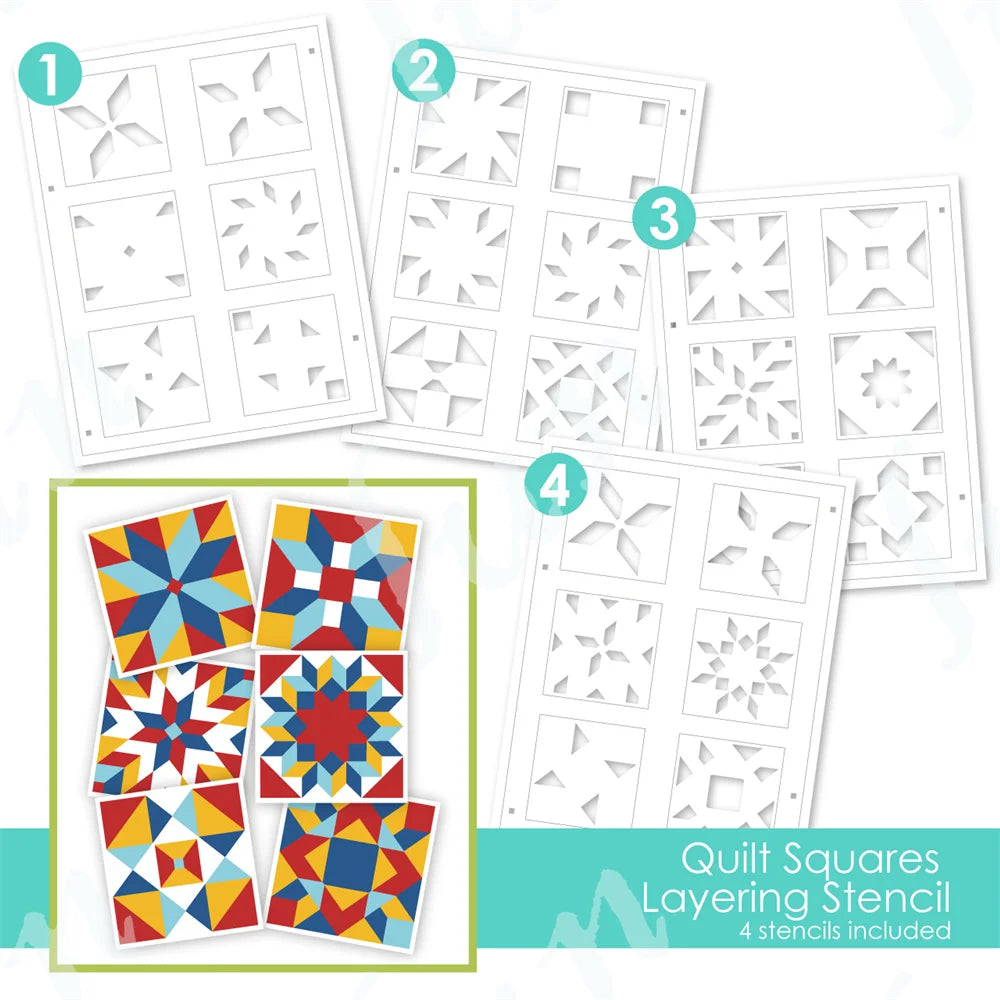 A set of four layering stencils and metal cutting dies for quilt squares in various sizes and patterns.