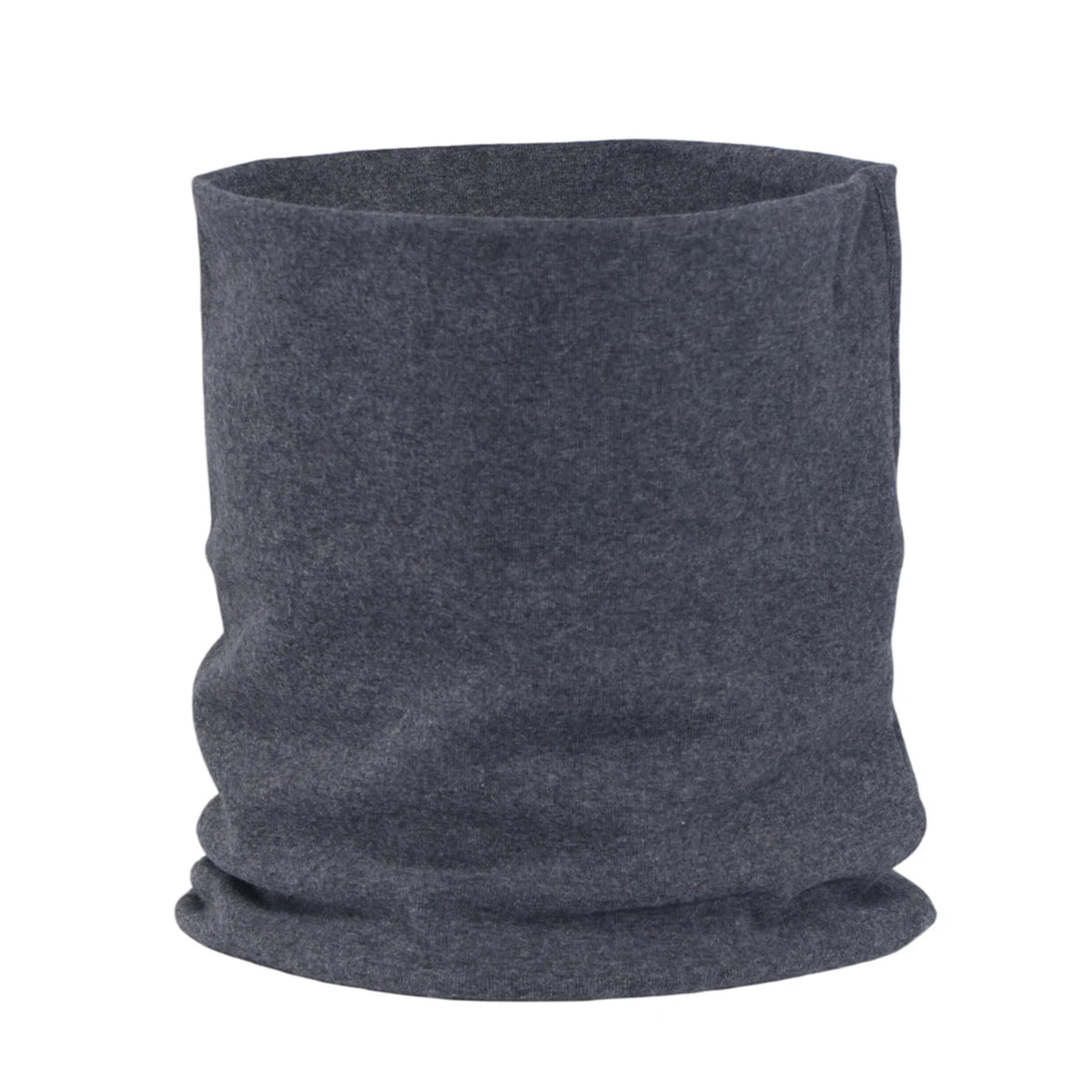 A dark gray, knitted neck scarf made of soft cotton.