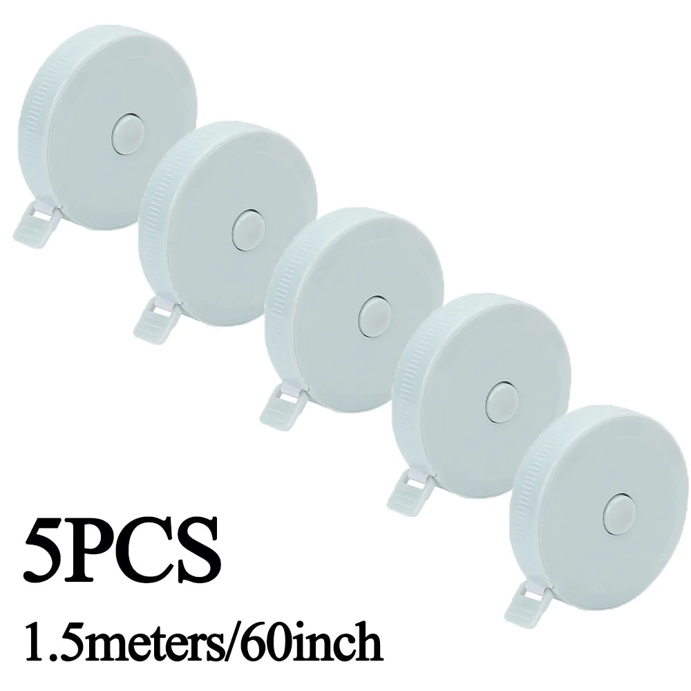 Five white retractable double-sided measurement tapes, 1.5 meters long.