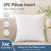 A white pillow insert is shown next to icons indicating it is soft, fluffy, and durable, suitable for pillow covers.