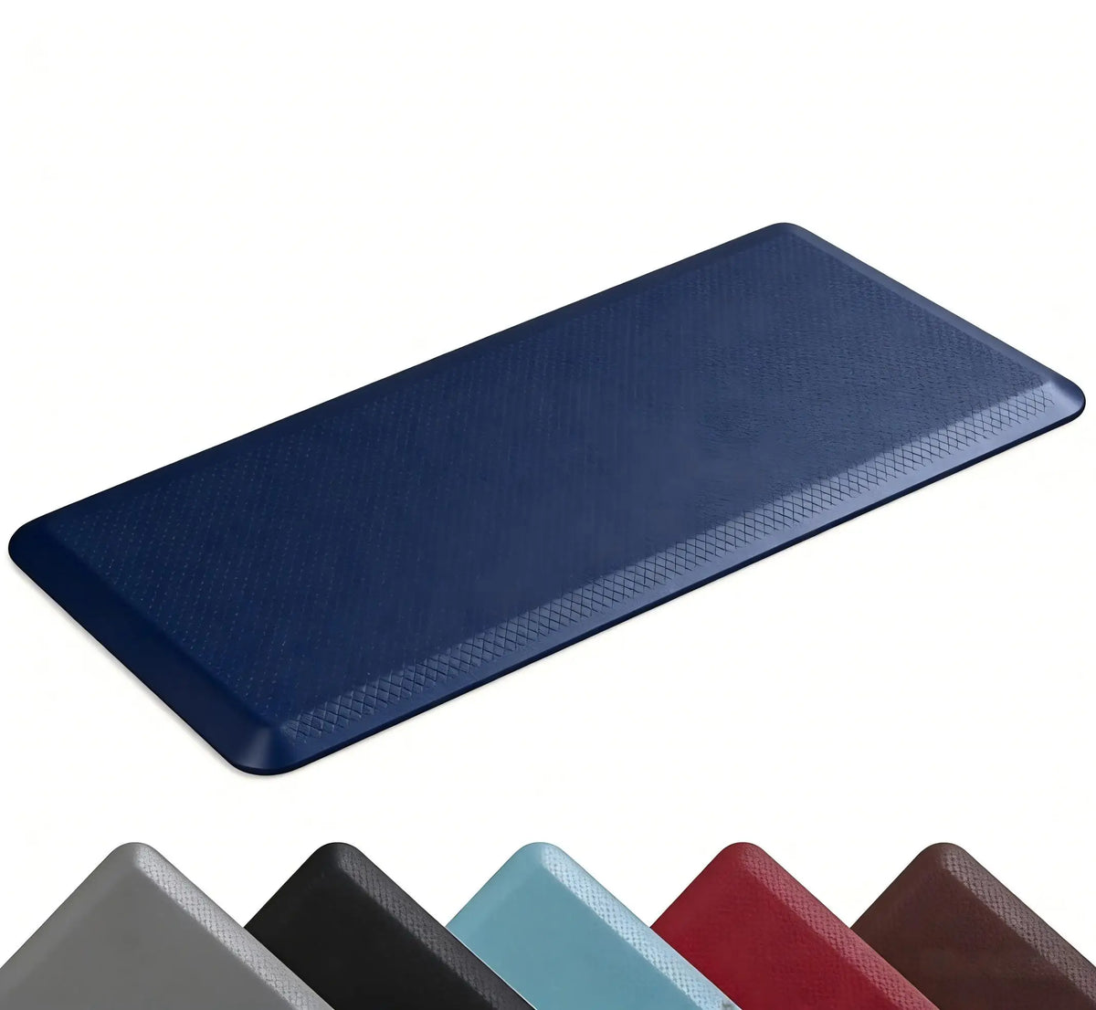 A dark blue anti-fatigue PVC kitchen mat shown from above.