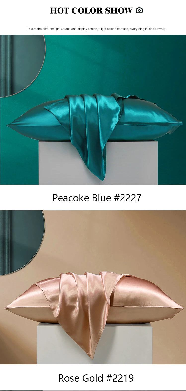 A close-up of a Peacoke Blue silk pillowcase and a Rose Gold silk pillowcase displayed on white blocks.