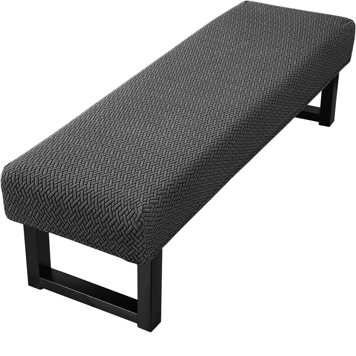 A dark gray stretch jacquard dining bench cover with a black frame.