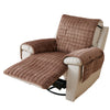 A brown quilted stretch recliner cover with storage pockets shown in a recliner chair.