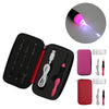 A black case containing a 9-in-1 rechargeable LED crochet hook set with various tools and hooks.