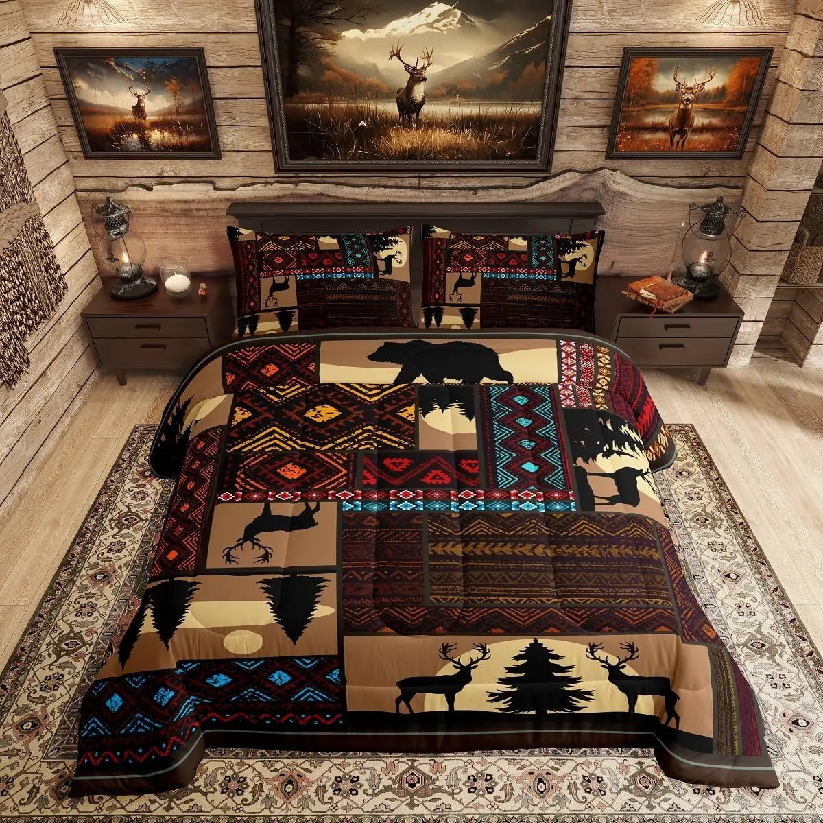 A patterned boho Aztec western duvet cover set displayed on a bed with framed artwork in the background.