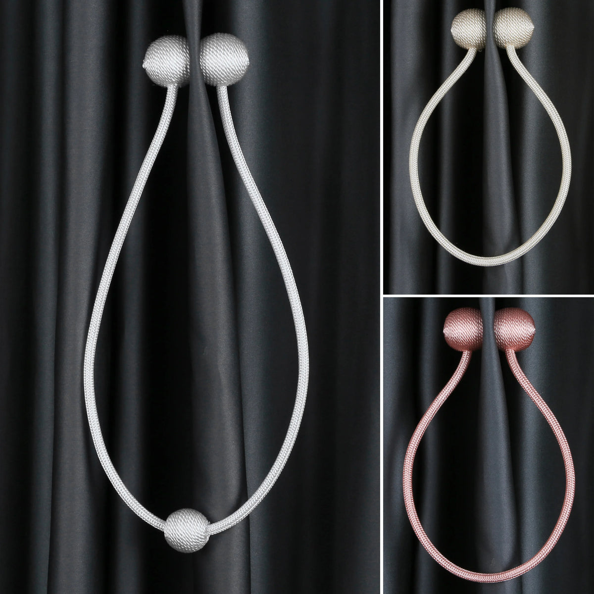 Magnetic curtain tiebacks in silver and rose gold tones used for elegant drapery