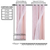 A set of pink sheer and blackout window drapes with various sizes shown hanging from a rod.