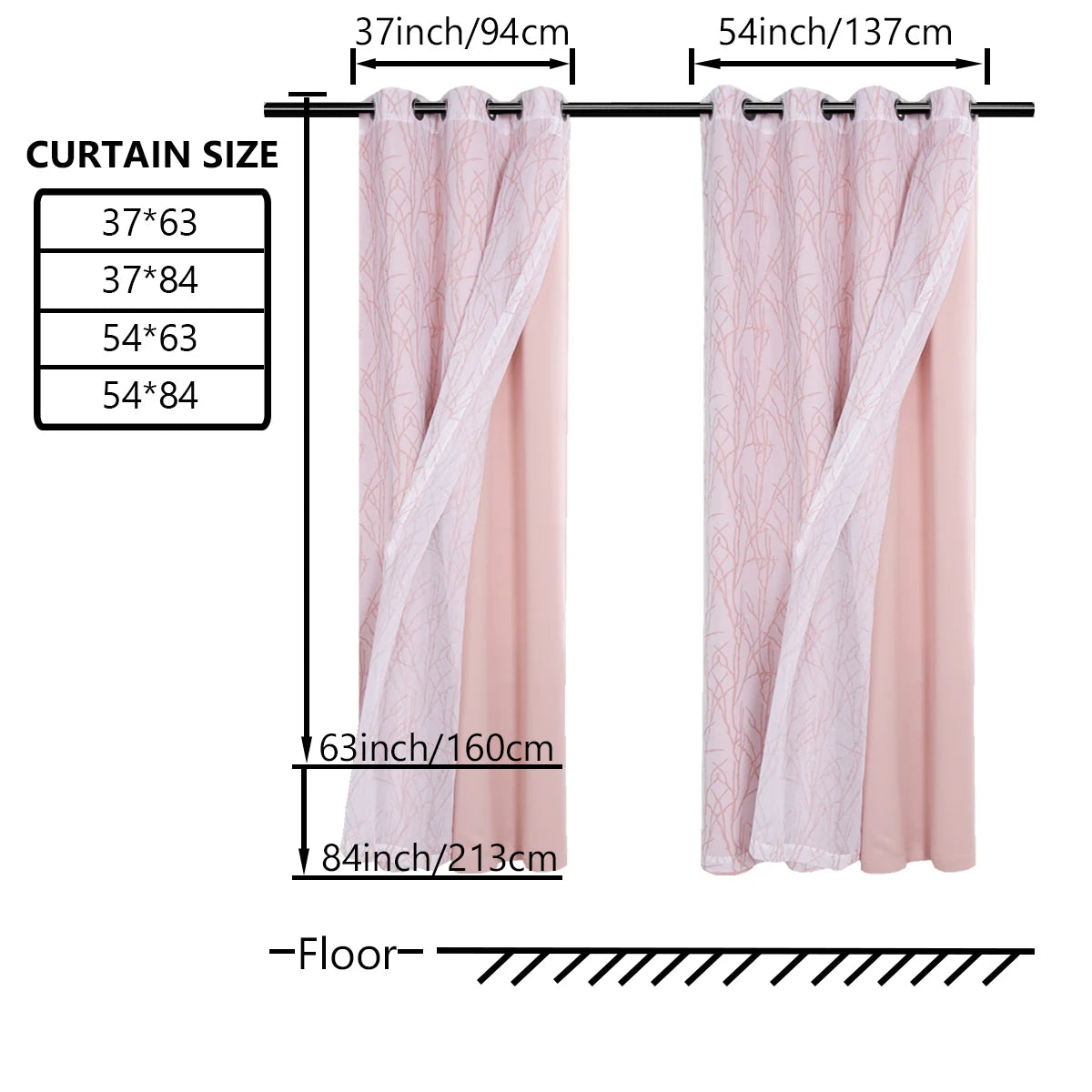A set of pink sheer and blackout window drapes with various sizes shown hanging from a rod.