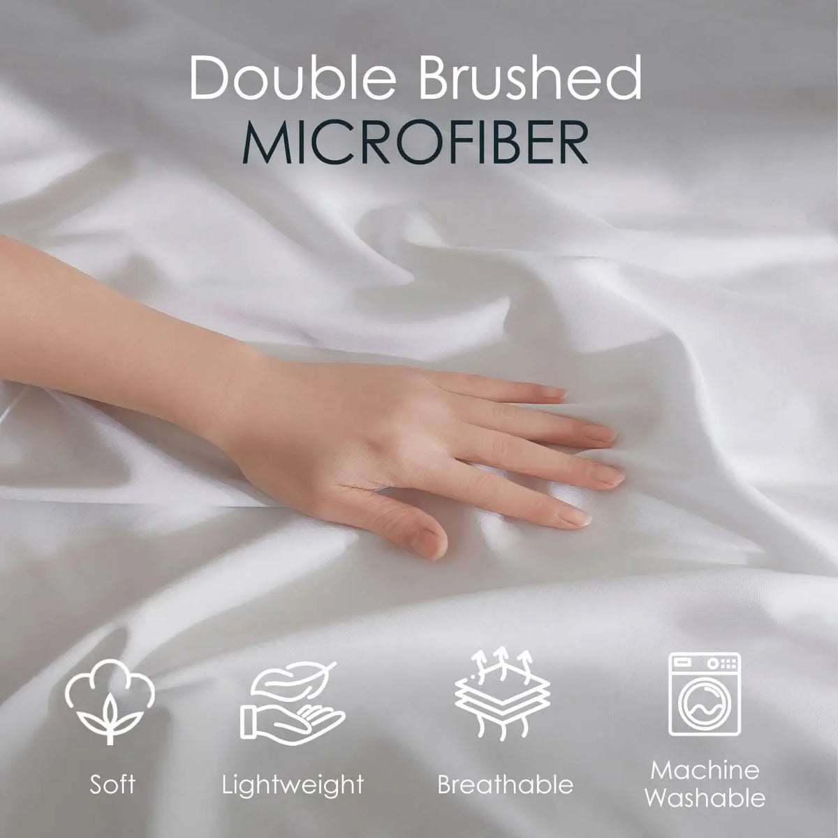A hand gently touches white fabric showing the features of double brushed microfiber bedding.