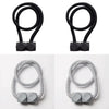 A set of four black magnetic curtain tiebacks, including two looped and two flat, silver-toned versions.