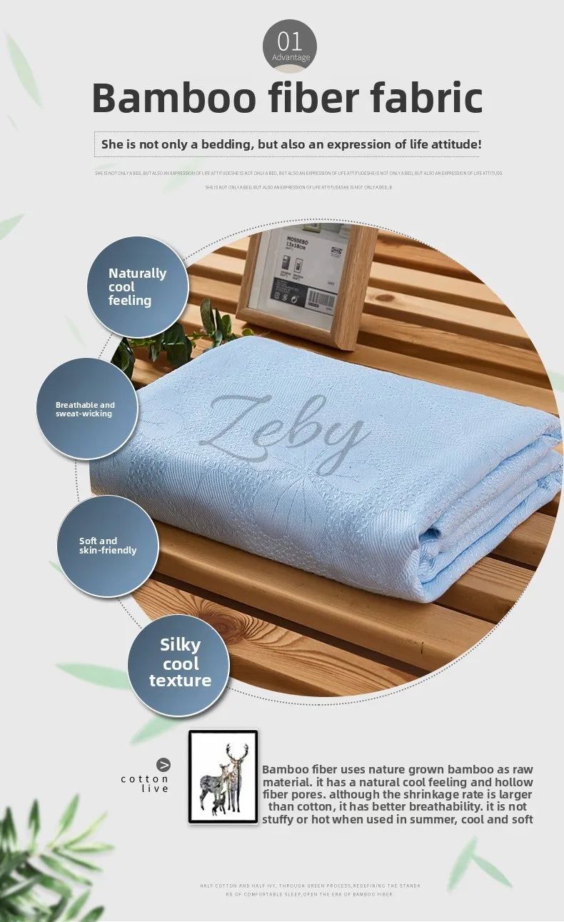 A light blue bamboo fiber fabric blanket is shown on a wooden surface, highlighting its soft and cool texture.