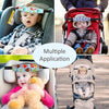 Various applications of a baby head and neck support pillow used in strollers and car seats.