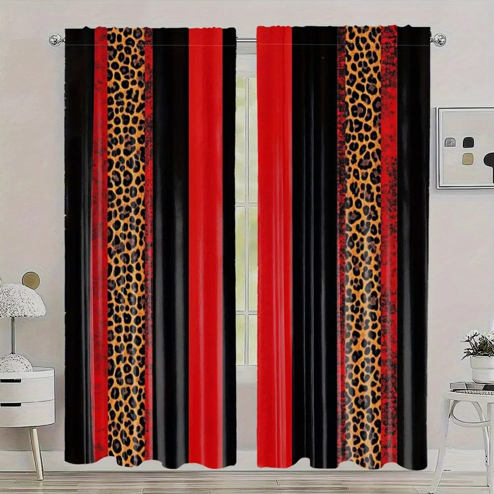 A set of two modern curtains featuring vertical stripes of black, red, and leopard print for a living room or bedroom.