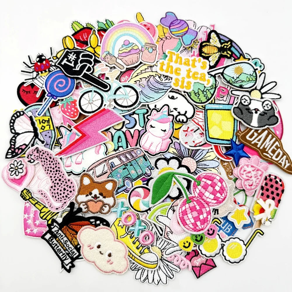 Assorted cartoon embroidery patches featuring various cute and whimsical designs for DIY projects