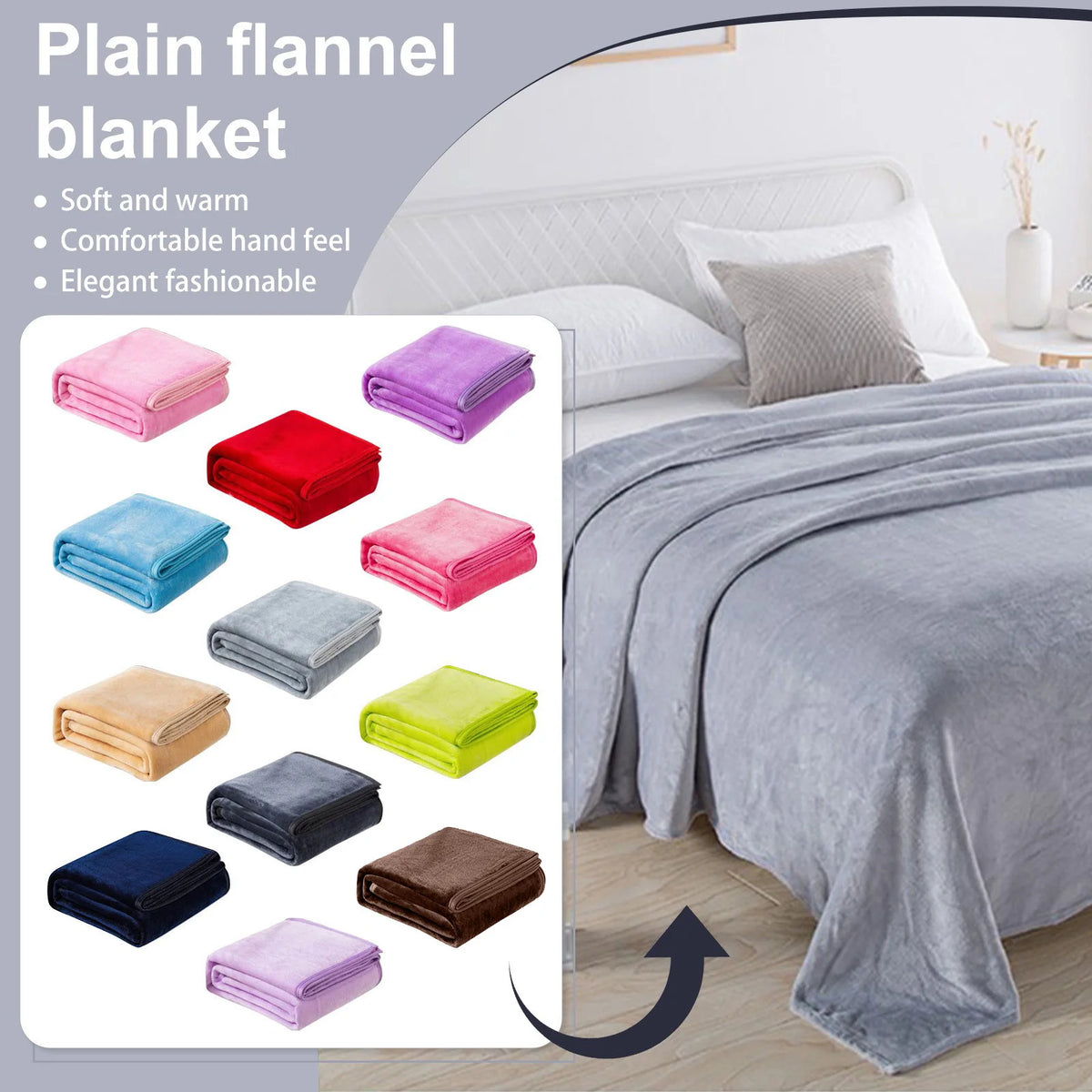 A variety of plain flannel blankets in pink, purple, red, blue, gray, and olive colors displayed next to a white bed.