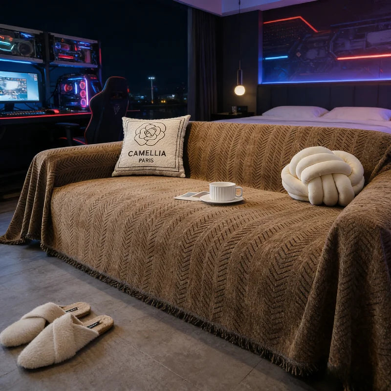 A brown chenille sofa protector with a fishbone pattern is draped over a couch in a dimly lit room.