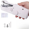 A hand sewing machine in white is shown being held, with various sewing components laid out below.