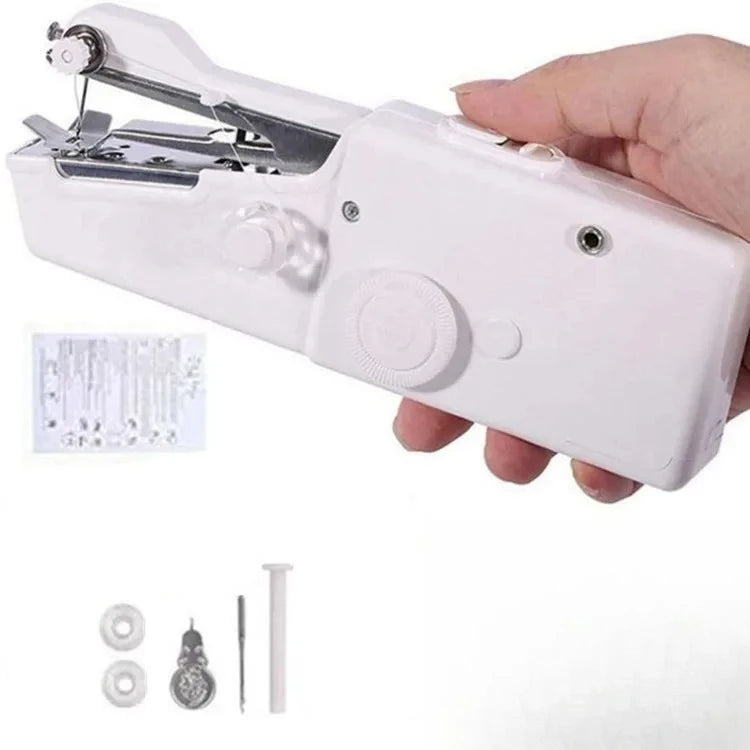 A hand sewing machine in white is shown being held, with various sewing components laid out below.