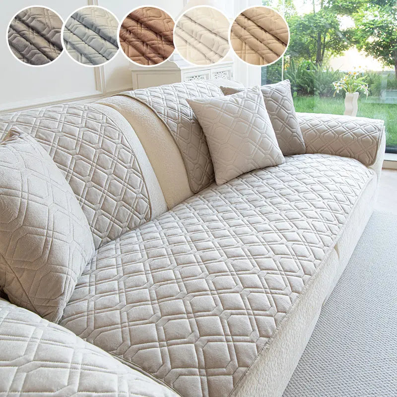Light beige quilted sofa cushion covers displayed with fabric swatches and natural light background.