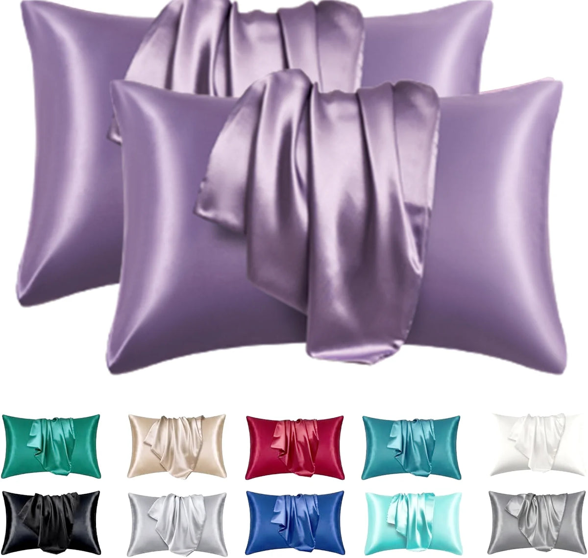A collection of satin silk pillow covers in various shades including purple, green, pink, and white.