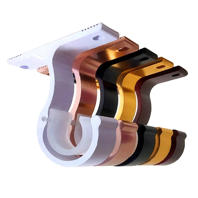 A set of heavy-duty curtain rod brackets and hooks in white, copper, black, and gold finishes.