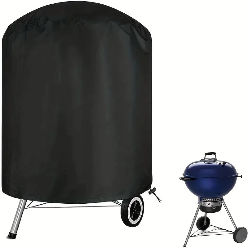 Black heavy duty round charcoal grill cover with a stand.