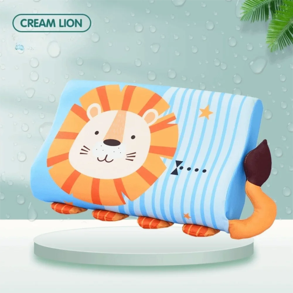 A blue and orange lion-themed memory foam neck pillow for toddlers resting on a white surface.