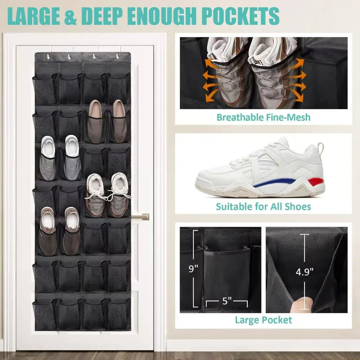 Over-the-door shoe organizer with large and deep pockets for storing shoes.