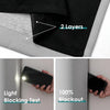 Demonstration of a blackout thermal curtain showing 2 layers and light blocking test on a window.