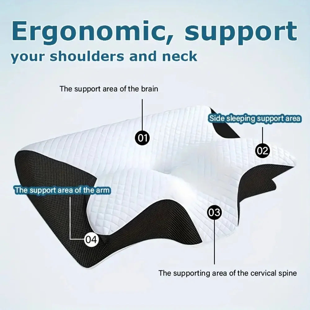 White memory foam pillow showing support areas for the brain, arm, and cervical spine.