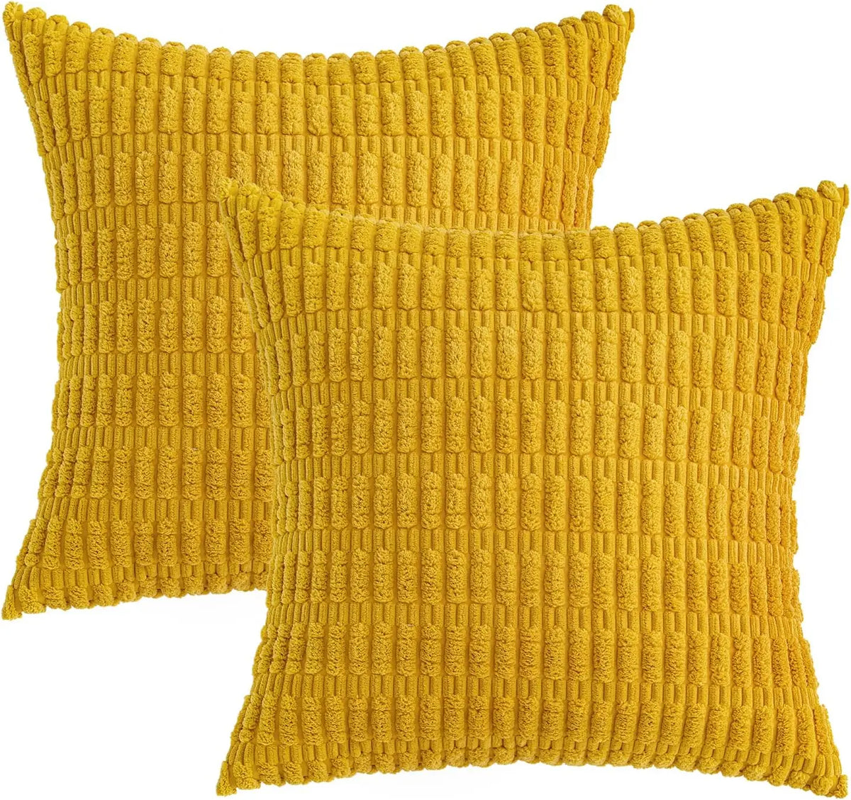 A pair of mustard yellow corduroy throw pillow covers with a textured, ribbed pattern.