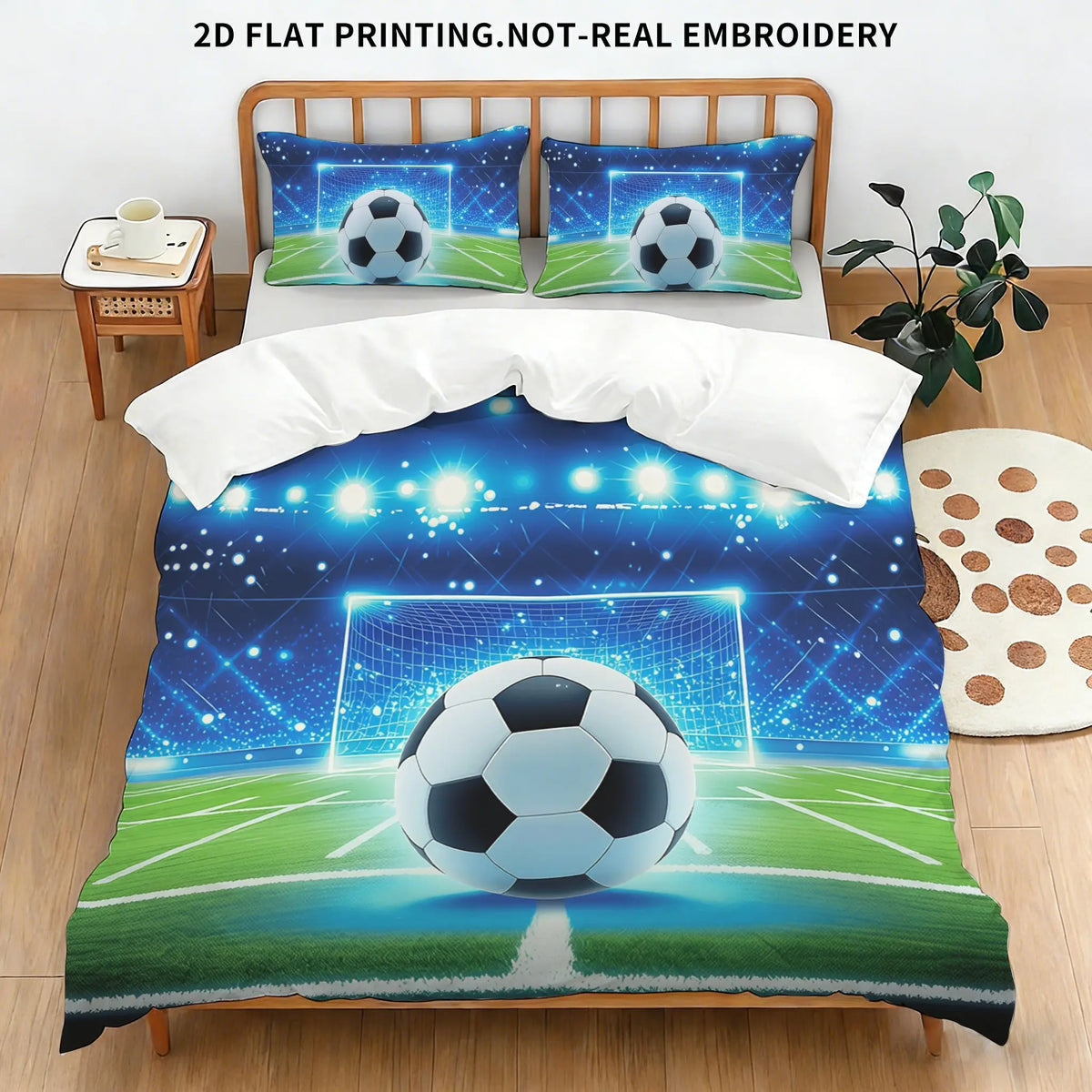A soccer ball themed bedding set featuring a duvet cover, pillowcases, and a soccer ball design on the fabric.