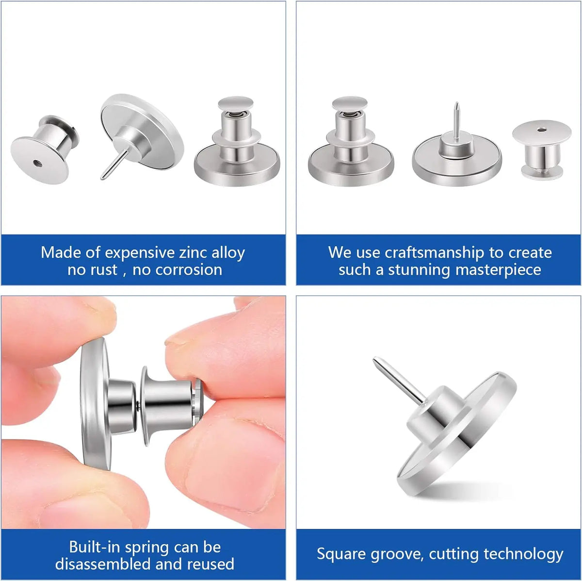 A set of durable metal button pins shown in various views and close-ups demonstrating their material, craftsmanship, and desi
