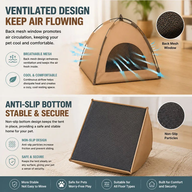 A beige pet teepee tent with a mesh window and anti-slip bottom design shown on a wooden surface.