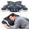 A dark blue ergonomic memory foam cervical pillow is shown with arrows indicating massage points, next to a man sleeping on i