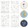A collection of line art botanical patterns printed on fabric and mounted on circular embroidery hoops.