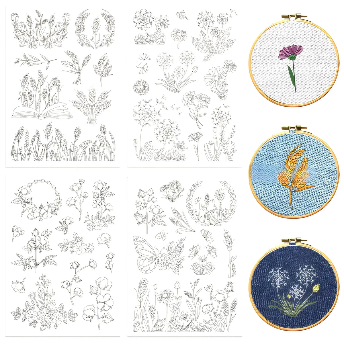 A collection of line art botanical patterns printed on fabric and mounted on circular embroidery hoops.