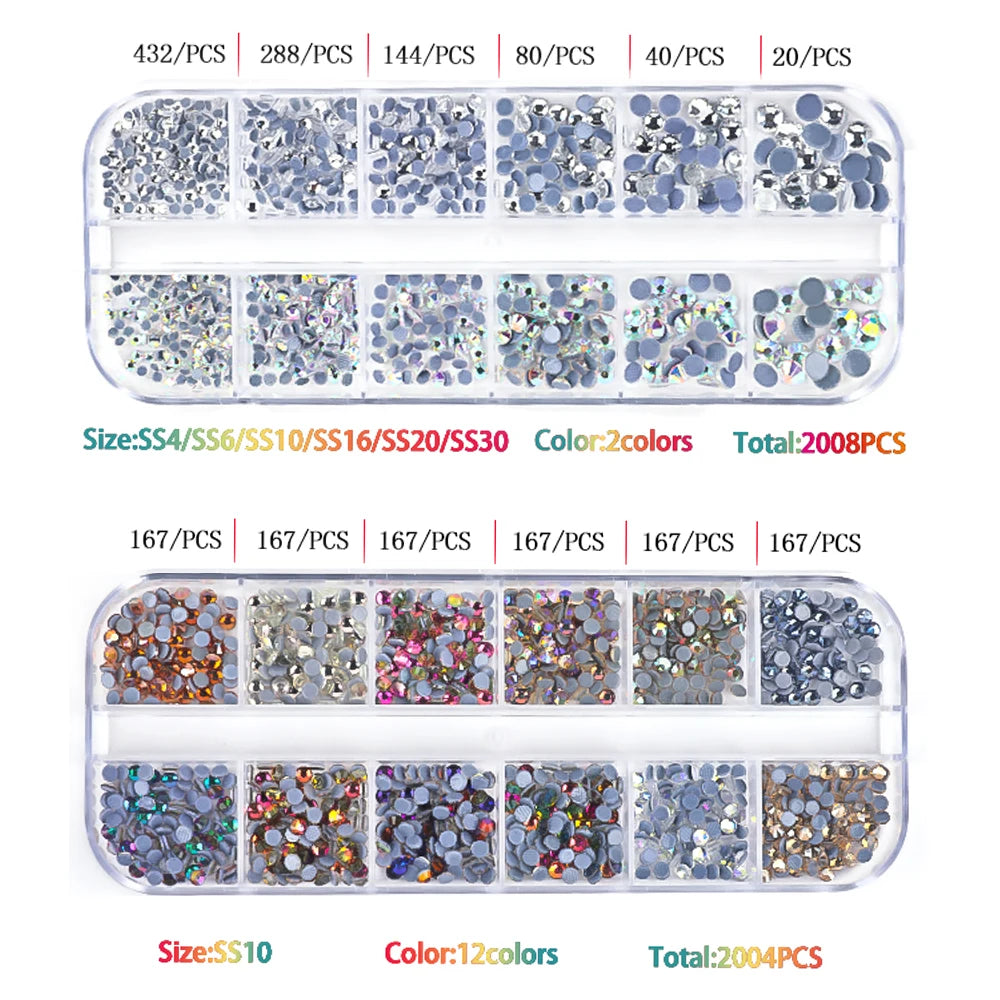 A set of crystal hot fix rhinestones in various sizes and colors packaged for crafting projects.