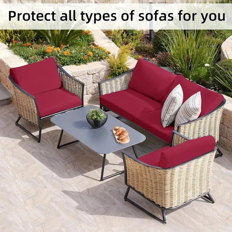 Outdoor waterproof sofa cushion covers featuring red and gray cushions on wicker outdoor furniture.