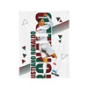 A football player in a white jersey and shorts is featured on a vintage knit throw blanket design.