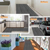 Various self-adhesive striped runner rugs shown in kitchen, hallway, and garage contexts.