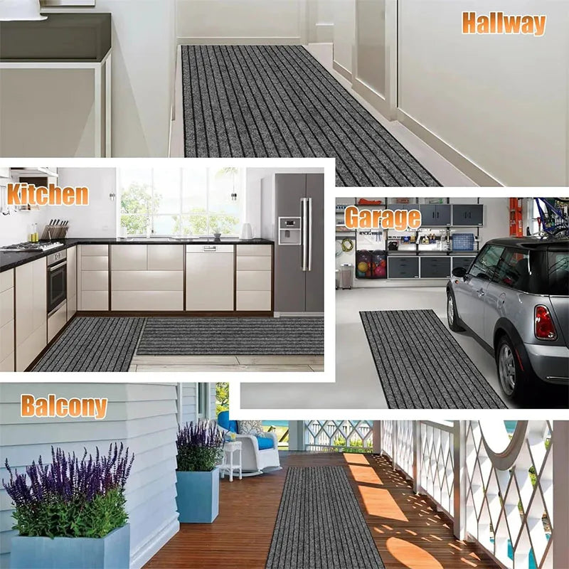 Various self-adhesive striped runner rugs shown in kitchen, hallway, and garage contexts.
