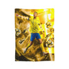 A male soccer player in a yellow jersey is shown running with a football against a bright, golden background.