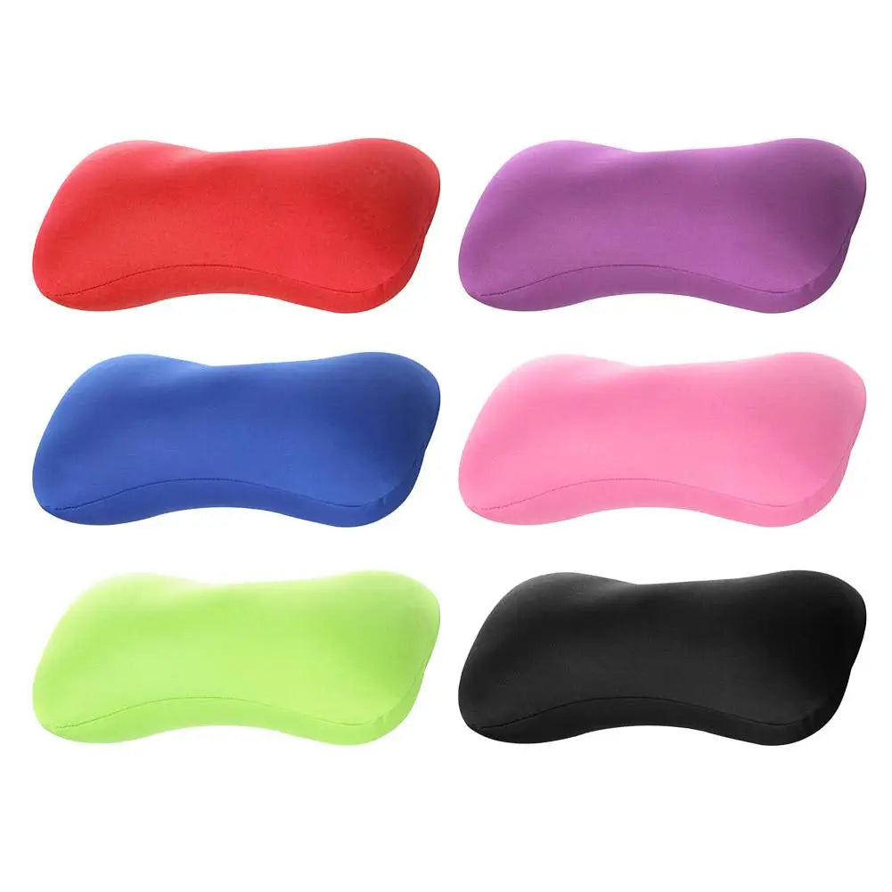 A set of five colored microbead neck pillows in red, purple, blue, pink, and green.