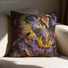 A dark fabric pillow cover featuring an anime style monster print with vibrant yellow, purple, and orange flames.