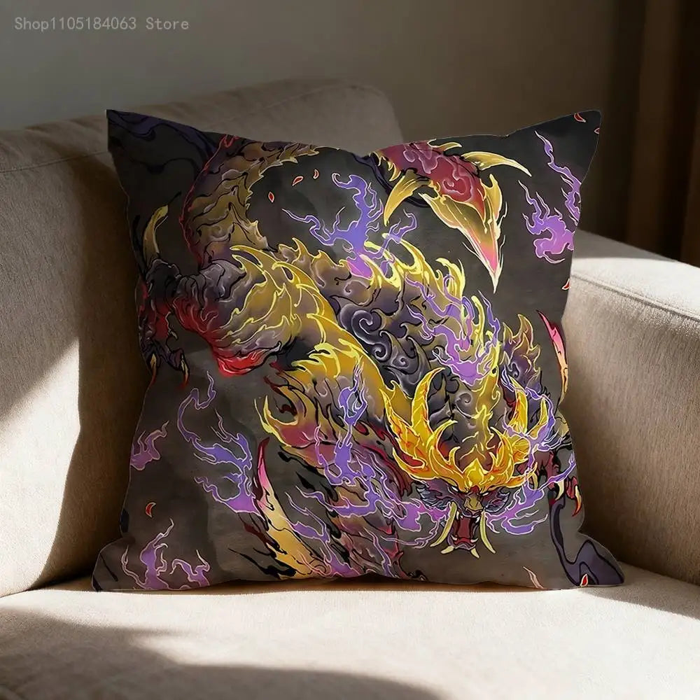 A dark fabric pillow cover featuring an anime style monster print with vibrant yellow, purple, and orange flames.