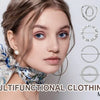 A woman models a multifunctional clothing clip featuring several metal ring clips for various uses.