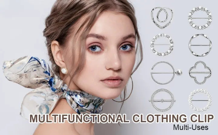 A woman models a multifunctional clothing clip featuring several metal ring clips for various uses.
